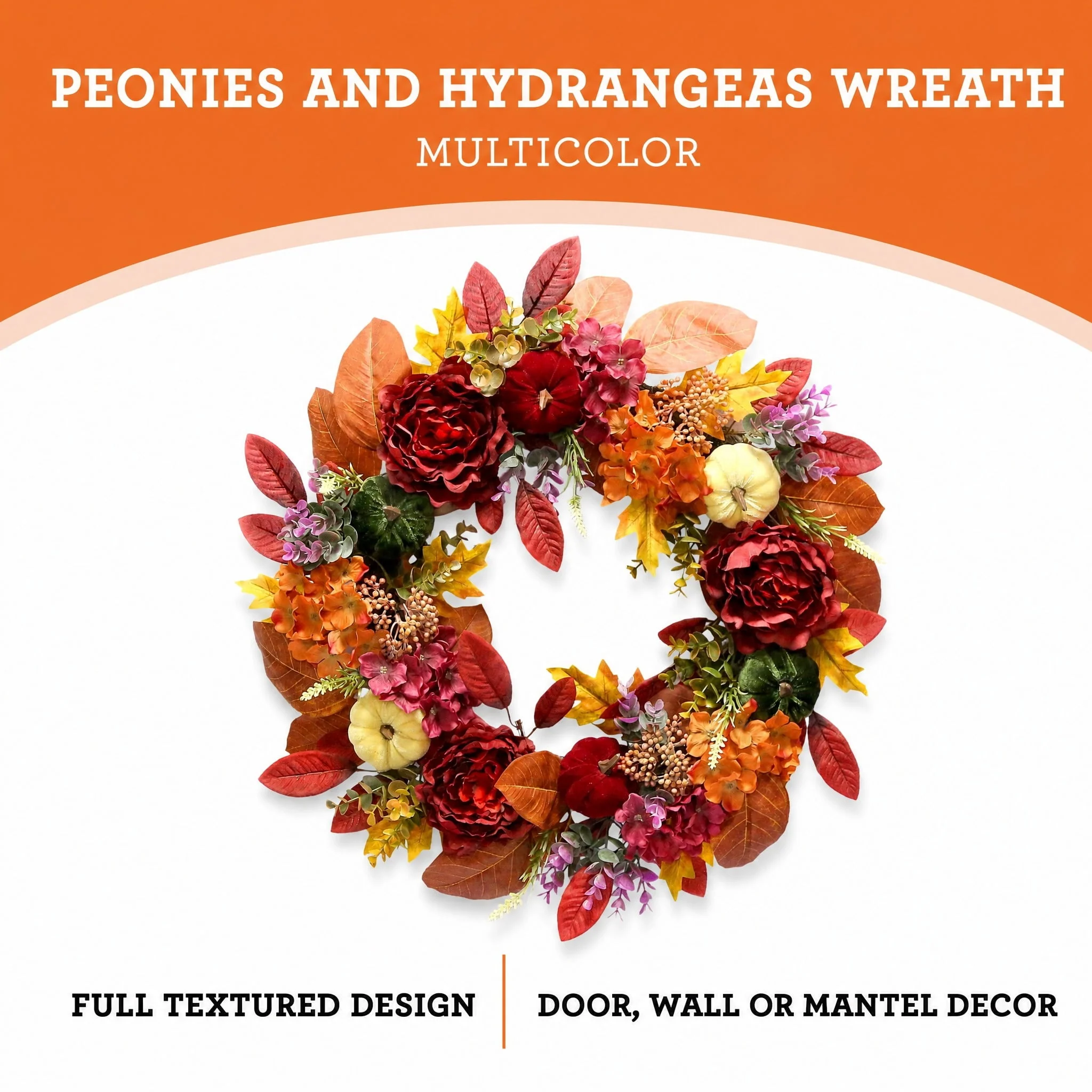 Peonies and Hydrangeas Wreath, Multicolor, 24", Fall by Way To Celebrate - Image 3