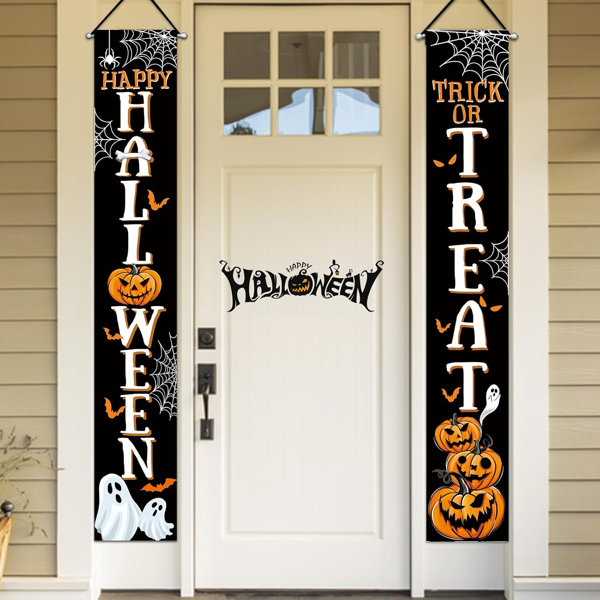 Happy Halloween Trick Or Treat Porch Banner Sign, Jack O Lantern Pumpkin Front Door Decorative Hanging Welcome Banner Flag, Spooky Ghost Bat Party Decoration Home Outdoor Decor