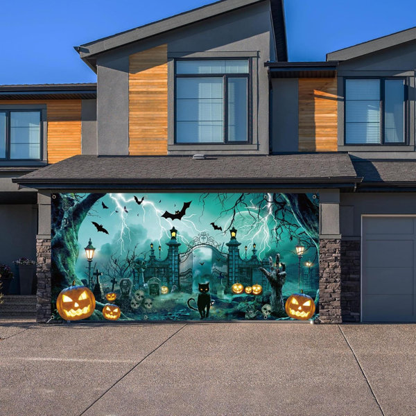 Halloween Garage Door Banner 6 X 13 Ft, Large Halloween Hanging Backdrop Door Cover – Halloween Garage Wall Decorations For Outdoor Home Yard Halloween Decor Party Photo Backgrounds