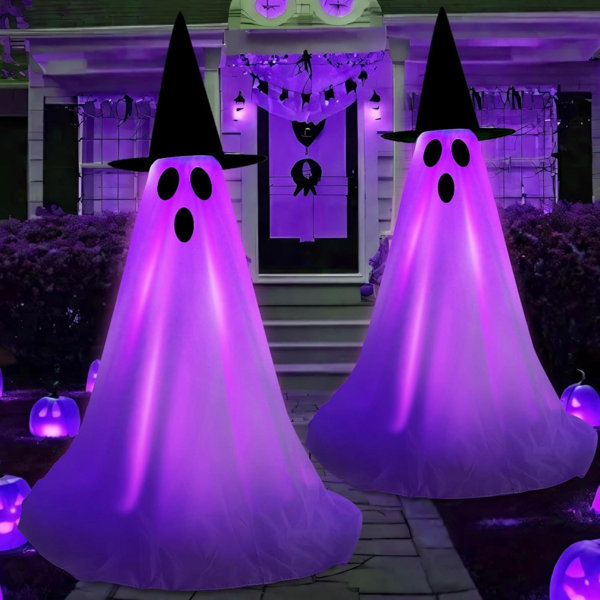 Halloween Light Up Ghost Kit – 2 Pack DIY Halloween Decorations Spooky Ghost Decor With 20 LED Lights Battery Operated,Adjustable Height,Hat,For Outdoor Indoor Porches Yards Gardens Lawn (Green)