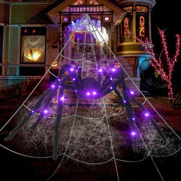 5Ft Giant Light Up Sound Activated Talking Halloween Spider With Purple Lights And 17 * 16Ft Spider Web Ith 200Sqft Strech Cobweb For Indoor Outdoor Decorations And Yard Creepy Lighted Decor