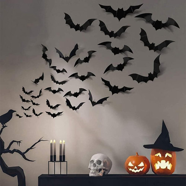 54PCS Halloween Decorations Indoor – Halloween Spider Web Lace Mantel Scarf, Table Covers And Lampshade, Halloween Creepy Cloth, 3D Bats For Halloween Decor (Black)