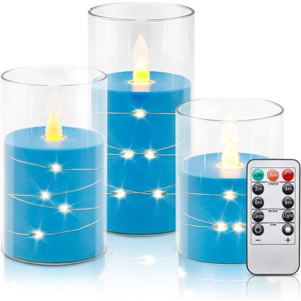 Sky Blue Flickering Flameless Candles, Battery Operated Candles, Recessed String Light LED Candles, Unbreakable Plexiglass Candles With Remote Timer, 3D Flame Set Of 3 (D3 Xh4 5″ 6″)