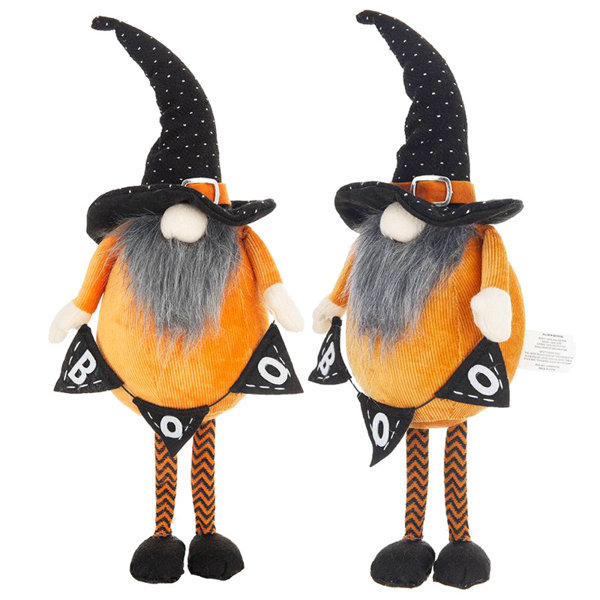 Set of 2 6.3×4.3×16″ Orange Fabric Gnome with Black Companion & Banner, Perfect for Halloween Decor