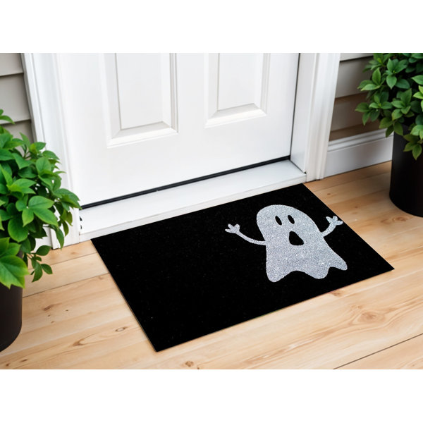 17″ X 29″ White And Black Ghost Coir Outdoor Halloween Door Mat