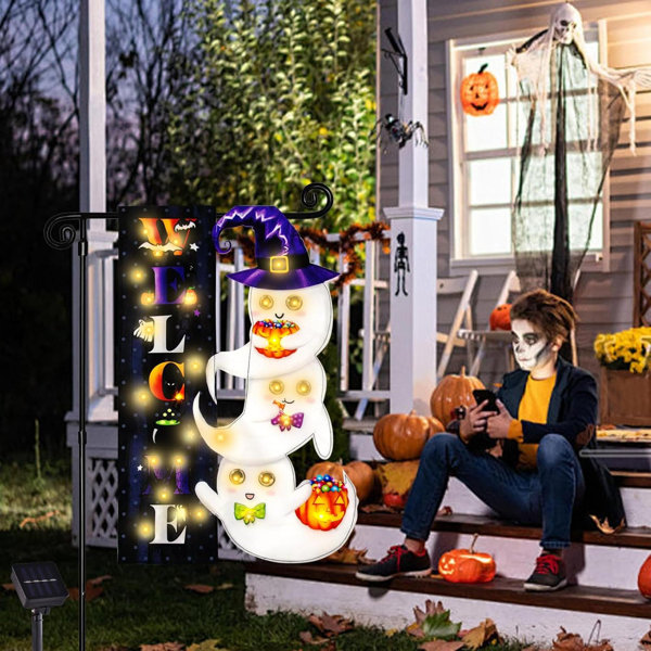 Halloween Lighted Garden Flag, Solar Yard Flag For Outside, 8 Modes Double Sided Welcome Halloween Ghost Outdoor Decorations For Home Porch