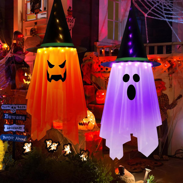 2PCS Halloween Decorations Outdoor Indoor, 41″ X 14″ Large Size Halloween Hanging Lighted Glowing Ghost Witch Hat Lights Ornaments Hanging Ghosts Decorations For Halloween Party With Remote Control