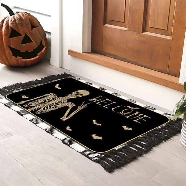 Halloween Skull Doormat – Funny And Spooky Welcome Mat, Low-Profile Non-Slip Entr Door Mat Living Room Kitchen Floor Mat Home Halloween Indoor Outdoor Decoration – 17″ X 29″
