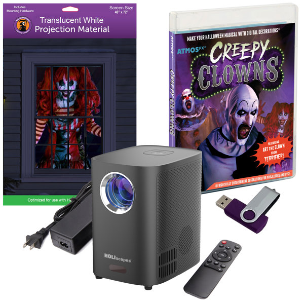 USB Projector Kit – AtmosFx Creepy Clowns on USB + Projector + 48 in. x 72 in. Holographic Screen