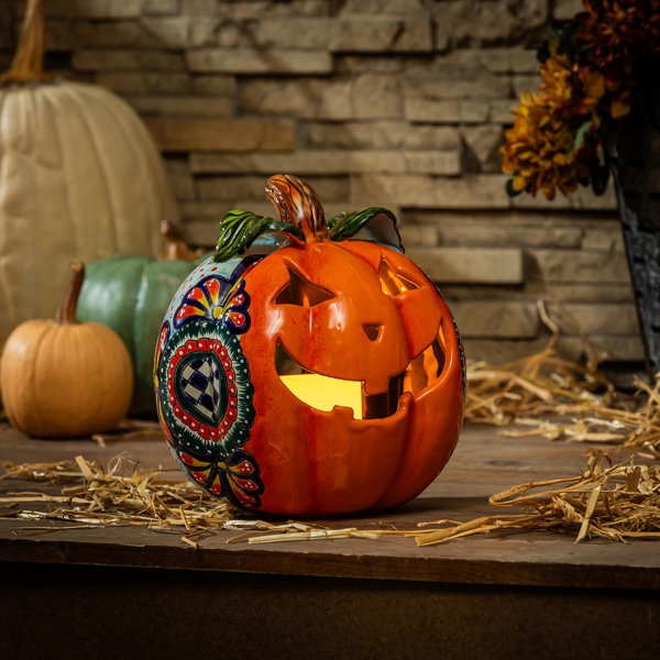 Checkered Flower Ceramic Pumpkin, Small