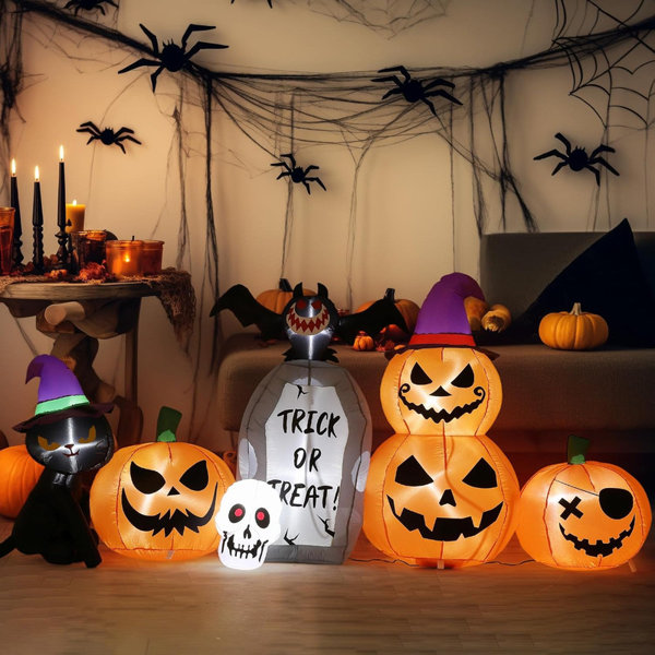 8FT Halloween Inflatables with LED Lights, Pumpkin Black Cat Bat Tombstone for Yard Lawn Decor