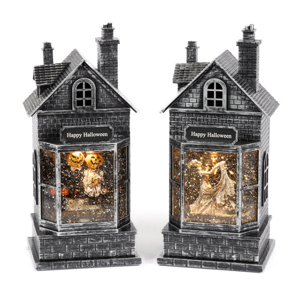 SET OF 2 10.5 Inch Lighted Haunted Houses Spinning Halloween Water Globes