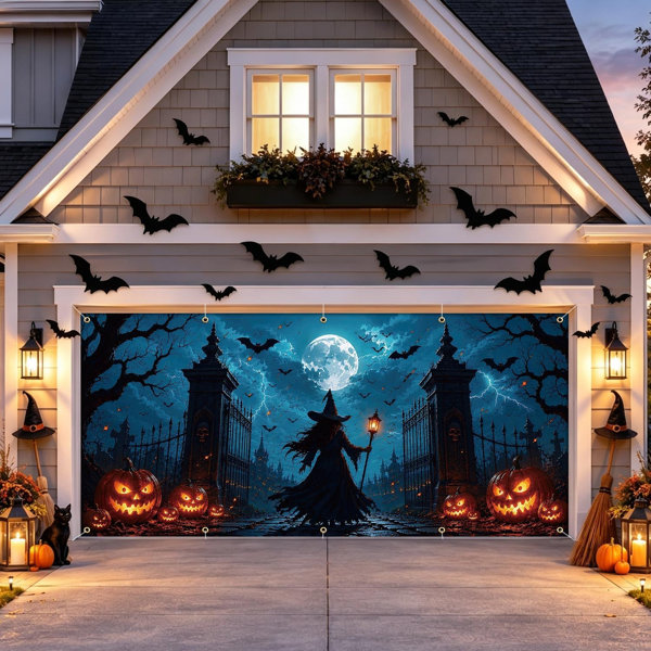 Halloween Garage Door Cover 7 X 16 FT Decorations, With Magnetic Hook And Elastic Cord For Easy Installation, Large Banner Backdrop For 2 Car Garage Door Party Wall Door Gate