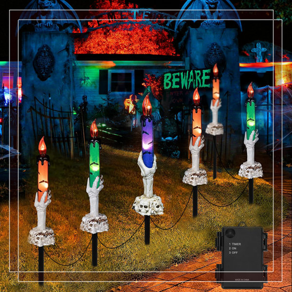 Halloween LED Skeleton Hand Candle String Lights – 6-Pack (Orange/Green/Purple), 18 Leds, 6H Timer, Waterproof, Indoor Outdoor Party Decor