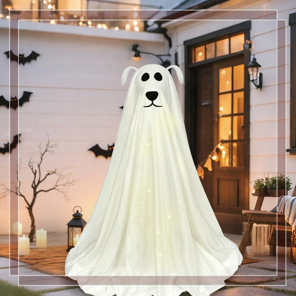 Halloween 3D Ghost Dog Decoration (30In) – Cute Puppy Design With Warm String Lights, Easy-Setup Freestanding For Yard Mantel Party