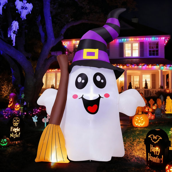 6.2 FT Halloween Inflatable Ghost Outdoor Decoration – Cute Ghost Holding Broom, Built-In Leds, For Garden Lawn And Indoor Party Decor