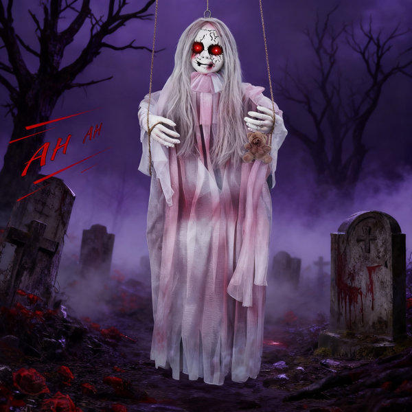 Halloween Animatronic Hanging Girl Ghost – Sound & Sensor Activated With Swinging Motion, Light Up Eyes & Creepy Expressions, Spooky Indoor Outdoor Halloween Decor Prop