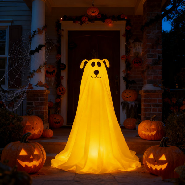 Halloween Light-Up Freestanding Spooky Ghost Dog – Battery Operated With Remote String Lights, Ideal For Front Door, Porch, Yard Lawn & Home Party Decor