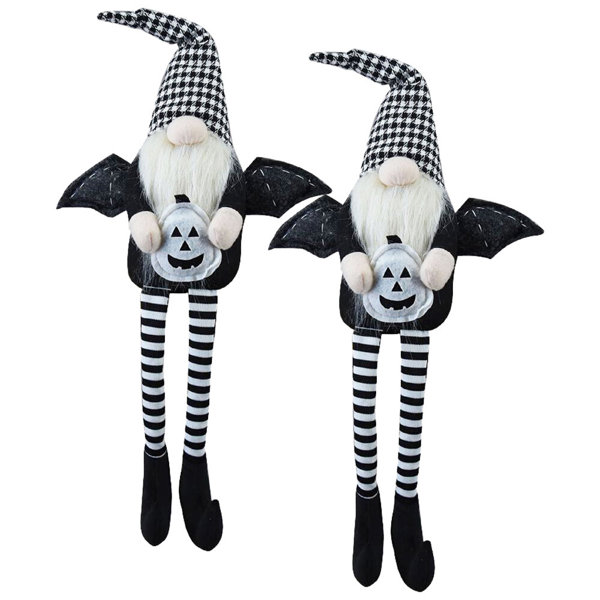 Set Of 2 – 4.3×3.5×23.5″ Fabric Sitting Black Gnome Halloween Decor – Bruce-designed With Wings & Black-white Plaid Hat