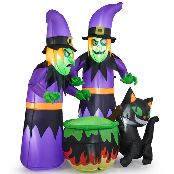 6 Ft Inflatable Halloween Witches Blow up 2 Scary Witch with Cauldron & Black Cat