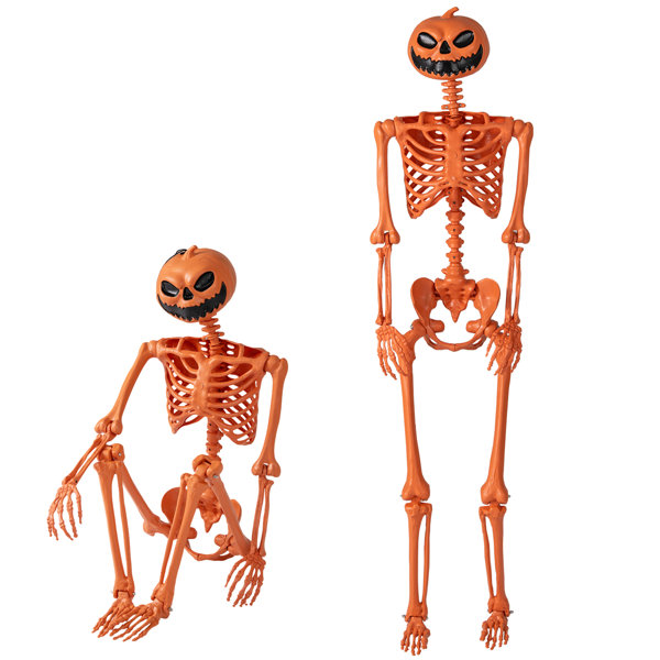 5.2 Ft Halloween Skeleton Decoration w/ Pumpkin Head 7 Moving Joints Orange