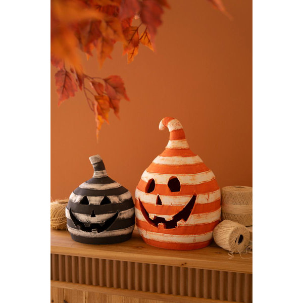 Kalalou 14″H Handcrafted Clay Striped Pumpkin Lanterns – Set of 2