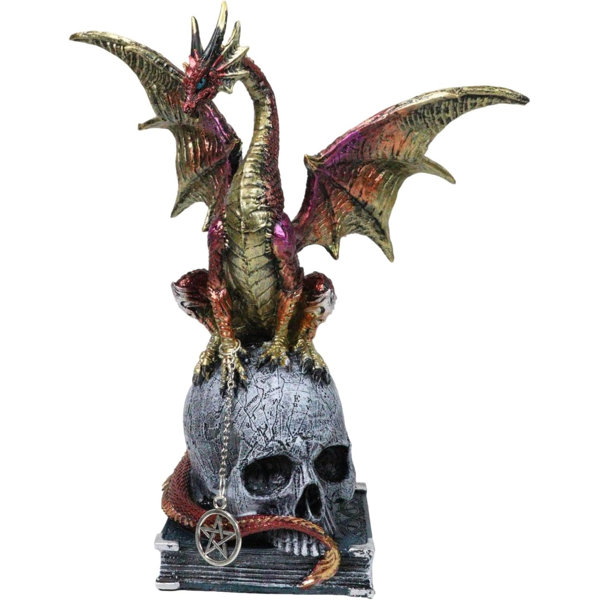 Metallic Red And Gold Dragon On Oversized Witch Skull With Pentagram Figurine