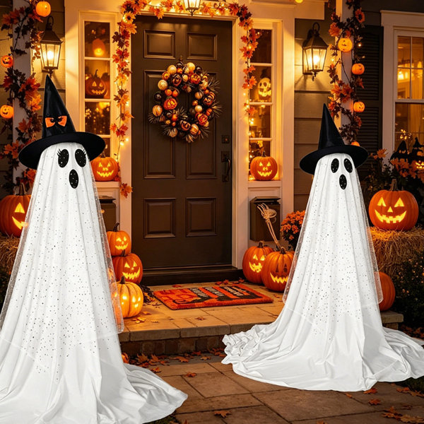 Outdoor Halloween Ghost Decorations 2 Pack, Diy Ghost Kit Decor With Witch Hat Remote Control String Lights For Lawn Patio Porch, Haunted House Party Supplies