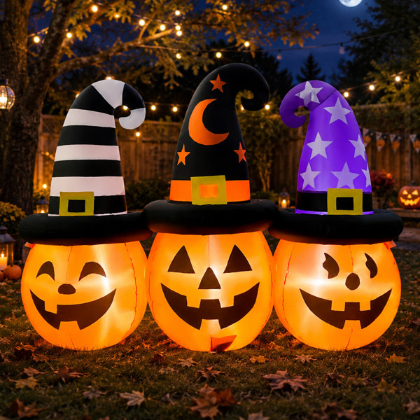6 FT Lighted Halloween Inflatable Triple Pumpkin with Distinct Witch Hats