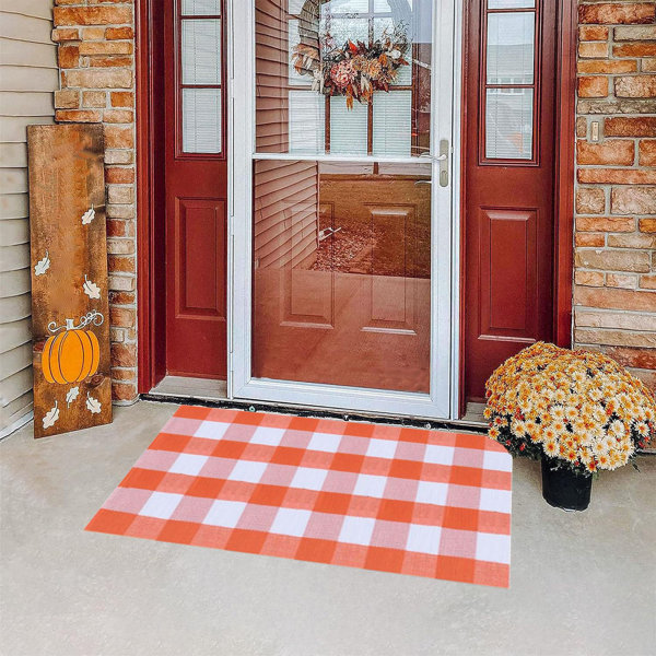 Fall Outdoor Rug Orange Plaid Outdoor Rug Hand-Woven Check Rug Layered Doormats For Front Door/Front Porch/Farmhouses/Entryway/Patio