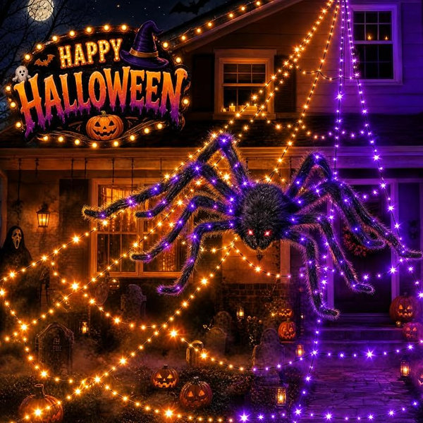 550 LEDs Halloween Spider Web Lights Outdoor with Glowing Spider, 11 Lighting Modes, Waterproof 2-Color Purple/Orange, Plug-In with Remote Control & Timer, Cobweb Garden Yard Party Decor