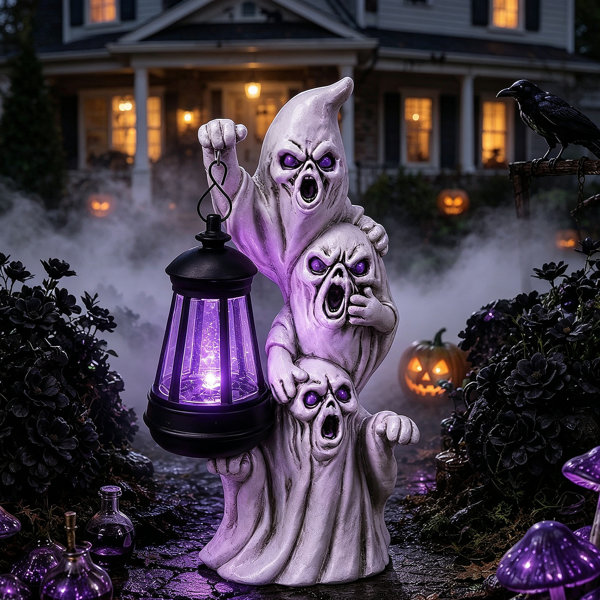 Ghost Decorations Set of 3 Up Resin Ghost Figurines with Solar Panel, Spooky Cute Outdoor Indoor Home Decor, Perfect Fall Harvest Gift for Garden Patio