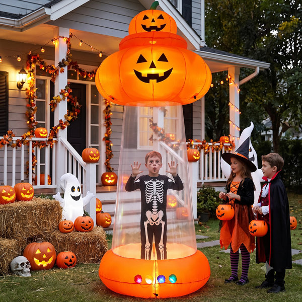 9FT Halloween Inflatable Pumpkin UFO Decoration, Color Changing RGB Light Up Blow Up for Yard Decor with Detachable Cow, Climb Inside Transparent Cabin, Outdoor Inflatable for Lawn Garden