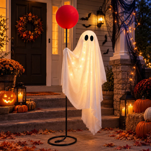 6 FT Light-Up Standing Halloween Ghost, Red Balloon and Metal Stand