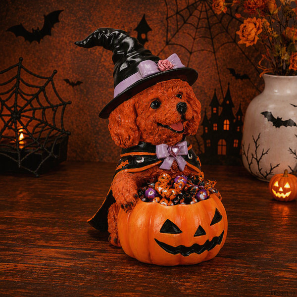 Halloween White Teddy Puppy Witch Figurine with Pumpkin Candy Bowl