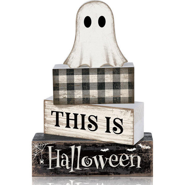 4 Pcs Halloween Table Decor For Home Ghost Tiered Tray Decor | Stacked Blocks with Ghost and Plaid, Rustic Wood, For Tabletop Shelf Mantel, Halloween Farmhouse Home Styling, Gift Ready
