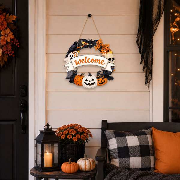 12” Wooden Halloween Welcome Wreath Sign with Pumpkin, Ghost and Black Cat