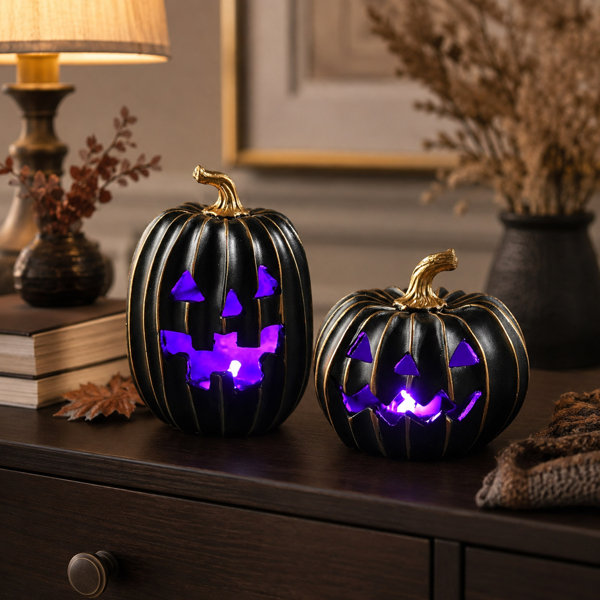 2 Piece Black Resin Light-Up Jack-O-Lantern Pumpkin Set with Purple LEDs