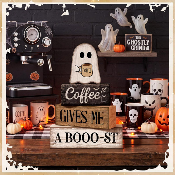 4 Pcs Halloween Tiered Tray Decor, Wooden Ghost Coffee Blocks | Rustic Farmhouse Table Decorations, Stackable Wood Blocks with Boo-st Coffee Theme, Gift for Home Kitchen Seasonal Display