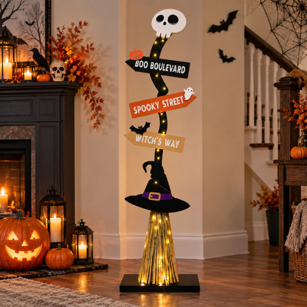 Lighted Halloween Witch Broom Decor, Wooden LED Broom Decoration for Holiday Displays