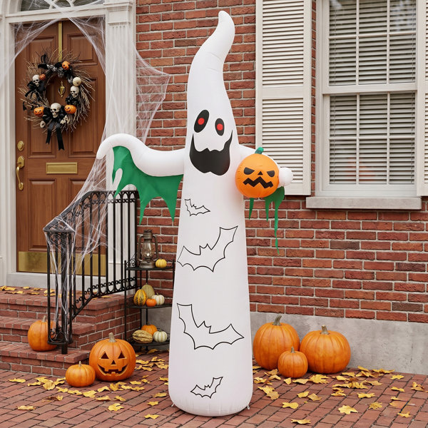 12FT Halloween Inflatable Ghost & Bat Yard Decoration with 4 LED Lights and 82 Flashing String Lights, White & Green Outdoor Blow Up Decor with 12V 1.5A US Adapter