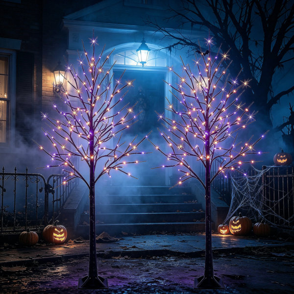 Halloween Lighted Birch Tree 2 Pack Purple Orange Spooky Tree with Timer, Indoor Outdoor Decor for Home Garden Party