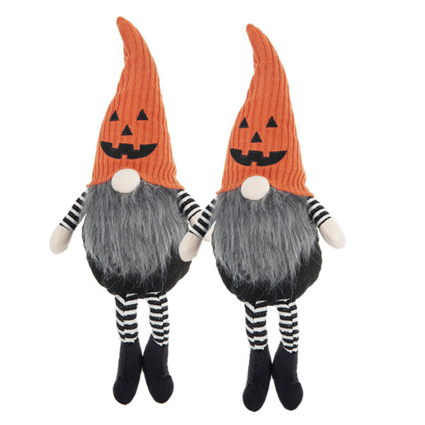Fabric Jack-O-Lantern Themed Gnomes Set of 2 Tall Orange Knit Hat with Embroidered Pumpkin Face Dangling Black White Striped Limbs Indoor Whimsical Halloween Tabletop Seasonal Ornaments