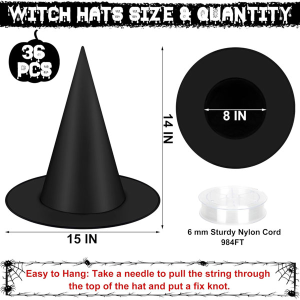 36 PCS Witch Hats, Black Witches Hat Halloween Decorations Witch Costumes Accessories Hanging Party Decor with 984 FT Nylon Cord Wizard Hat Indoor Outdoor Home Yard Ceiling Porch Décor