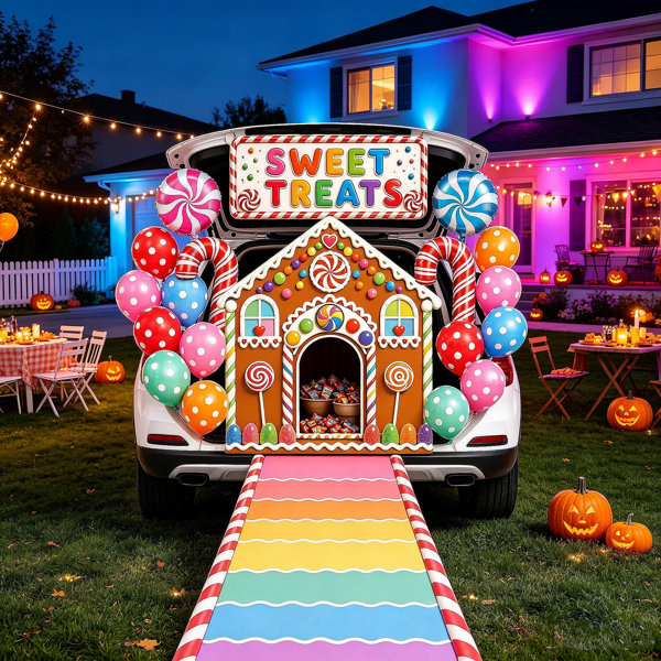 Halloween Trunk or Treat Decorations Kit, Candy Themed Backdrop, Banner and Balloons, Car Trunk Decor Supplies for