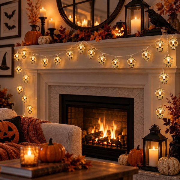15-Foot Skull Halloween String Lights with 30 LEDs and Dual Power Options