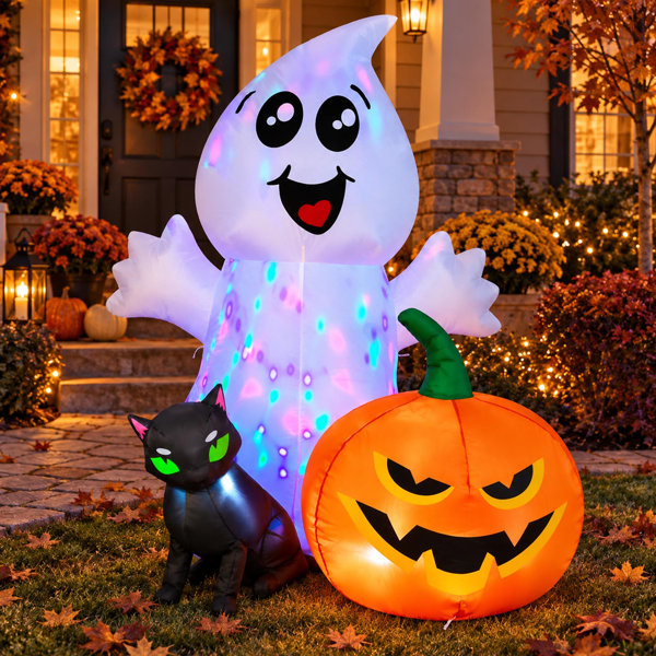 5′ Halloween Inflatable Ghost with Black Cat Pumpkin and Built-In LEDs