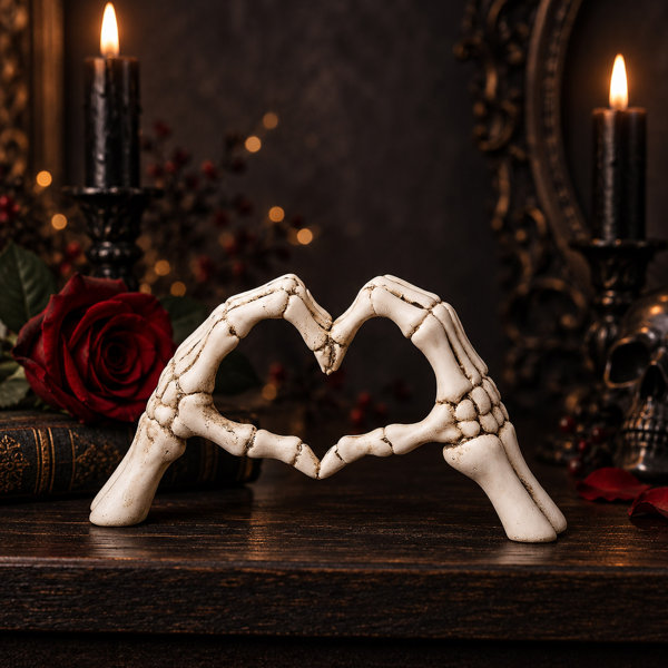6.3″ Gothic Skeleton Heart Hands Sculpture for Halloween and Shelf Decor