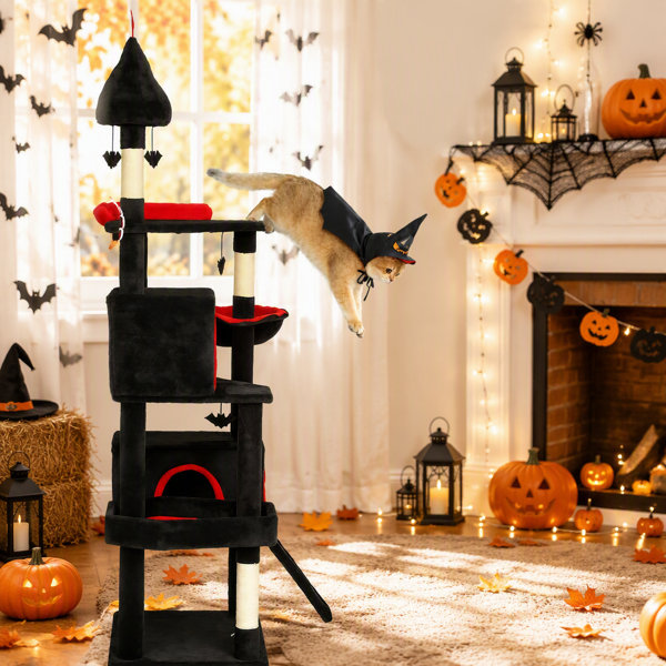 PawHut Gothic Cat Tree, 78″ Extra Tall Cat Tower for Indoor Kittens with 2 Spacious Condos, Sisal Scratching Posts, 4 Bat Hanging Balls, Comfy Hammock, Ramp, Bed, Black and Red Halloween
