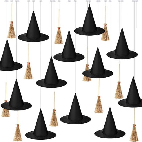 24 Set Halloween Decorations 12 Pcs Hanging Witch Hats and 12 Pcs Mini Witch Broom Include Hanging Rope and Seamless Hooks for Halloween Party Decorations Wizard Craft Floating Hats